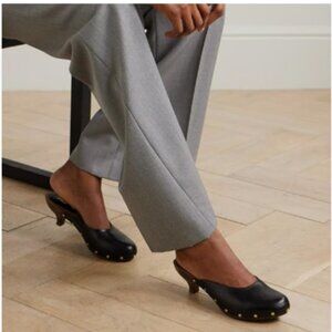 FSJ Black Retro Round Toe Mules Wooden Kitten Heel Trendy Studded Slide Sandals